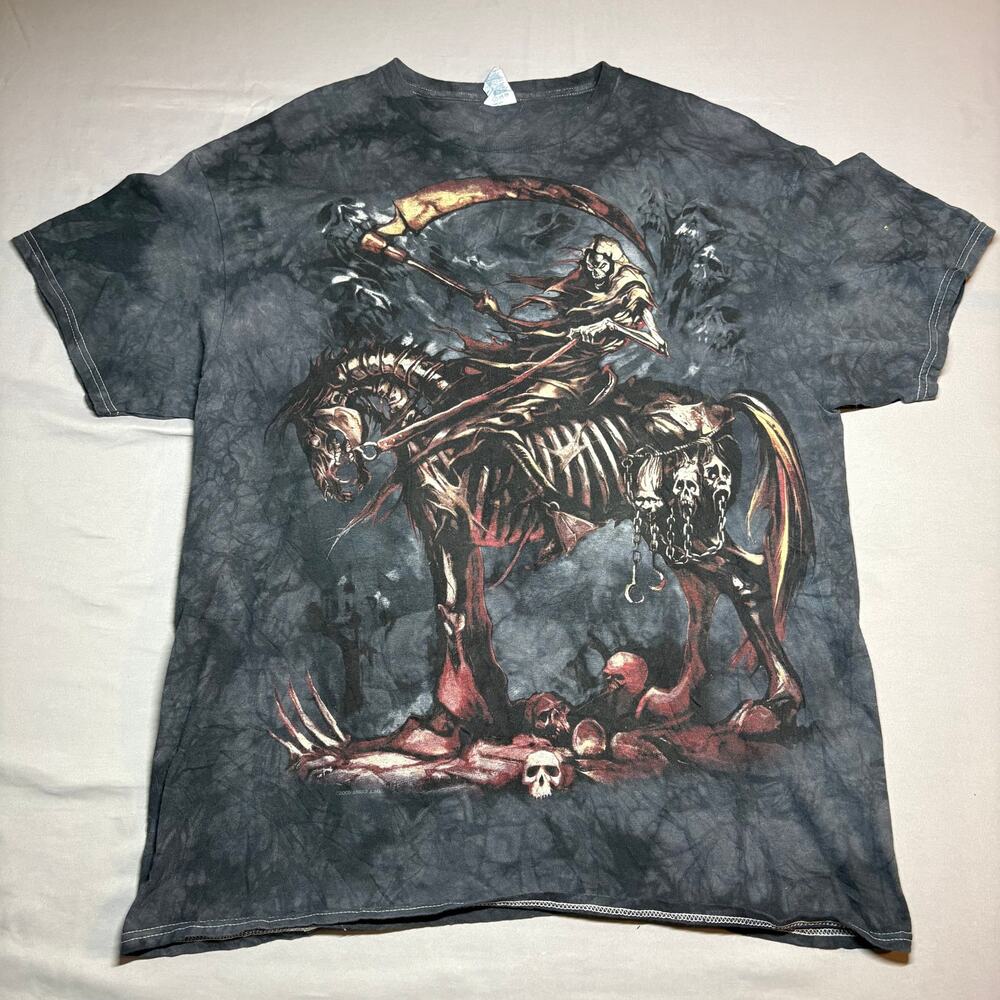 vintage all over print of grim reaper gray tie dye t shirt
